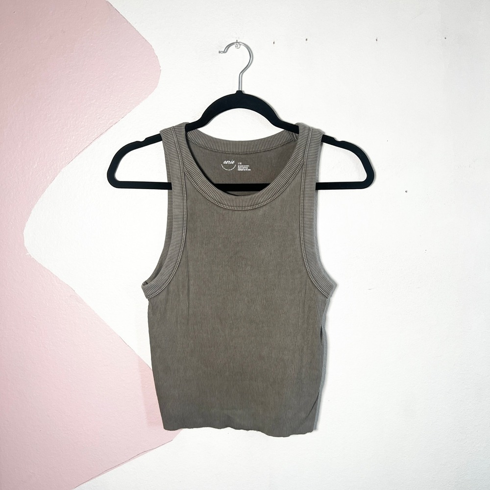 Aerie Tank Top Womens Large‎ Green Ribbed Stretch Summer Casual